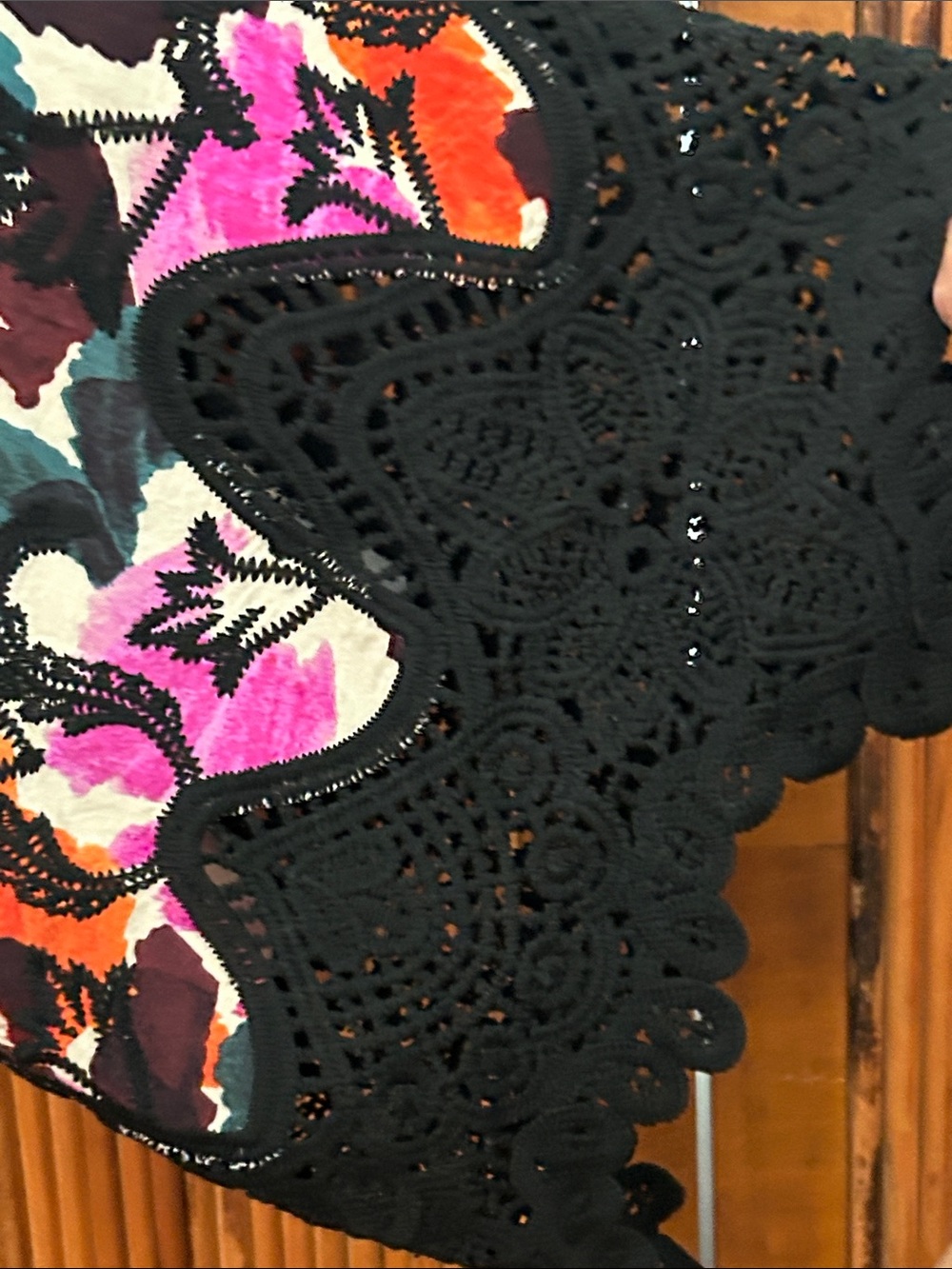 Democracy Floral V-Neck Tunic with Black Crochet Trim in Purple, Orange & Green - Picture 4 of 16